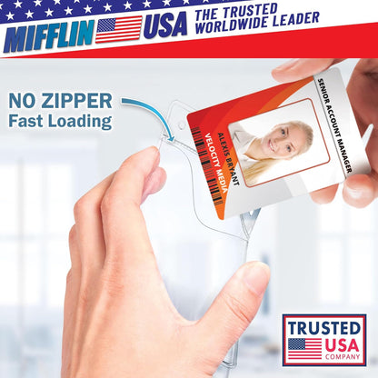 Mifflin-USA Plastic Vertical Card Holder (3x4 Inch, Clear, Bulk 100 Pack) Quick Load No Zipper Name ID Badge