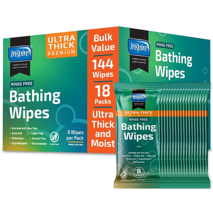 Inspire Ultra Thick Rinse Free Body Wash Wipes, Bathing Wipes, Shower Wipes - Rinse Free Wet Wipes, Thick Strong Extra Large With Aloe Vera Enriched