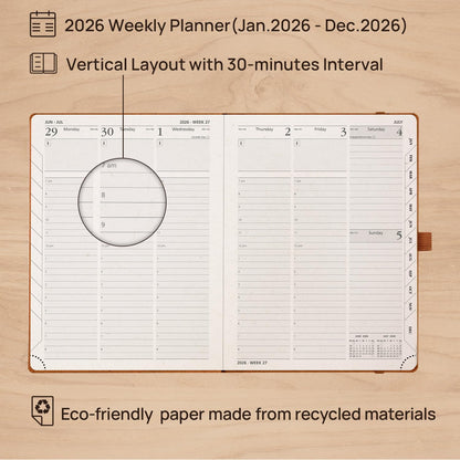 POPRUN 2026 Planner - 2026 Recycled Weekly Planner[6.5''x 8.5''- Italian Regenrated Leather Hard Cover] with Hourly Schedule & Vertical Weekly Layout, Monthly Tabs, Inner Pocket - Black Grey