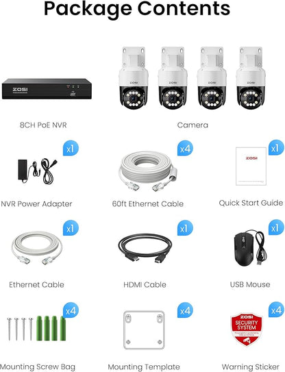 ZOSI 4K 8CH PoE Security Camera System(16CH Expandable), AI Face Person Vehicle Detect, 4 x 8MP 4K Outdoor Auto Tracking PT PoE Camera with Floodlights and 2-Way Audio, 8 Channel 8MP NVR with 2TB HDD