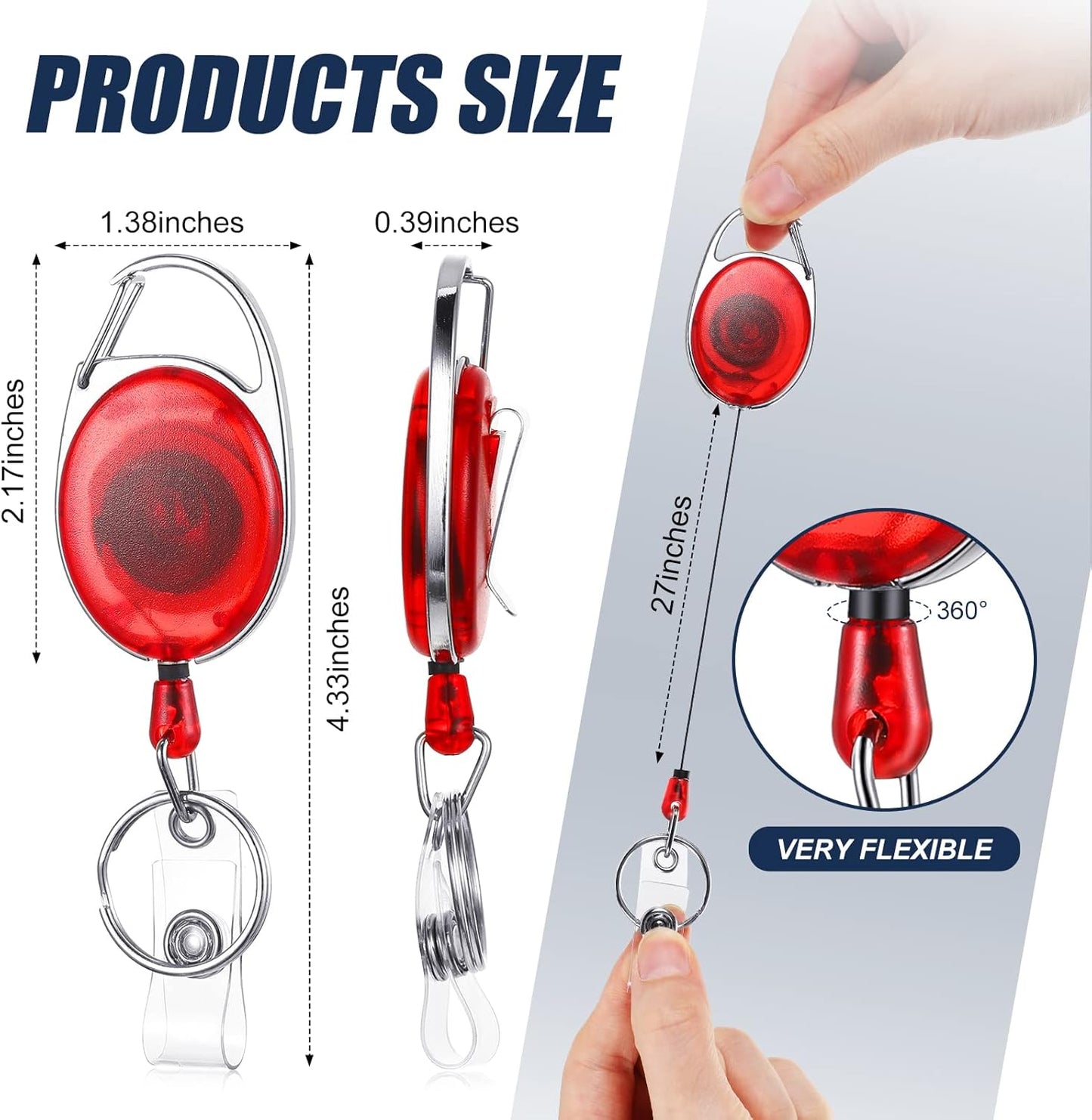 100 Pack Retractable Badge Reels Bulk Heavy Duty Badge Reel Holders with Carabiner Belt Clip and Keychain for Lanyard Card Nurse School Office Employee (Clear Red)