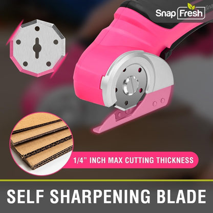 SnapFresh Cordless Electric Scissors- 4V Mini Cardboard Cutter for Boxes, Carpet, Paper – Rotary Cutter for DIY Projects, Safety Box Cutter with Battery & Type-C Cable(Hot Pink)