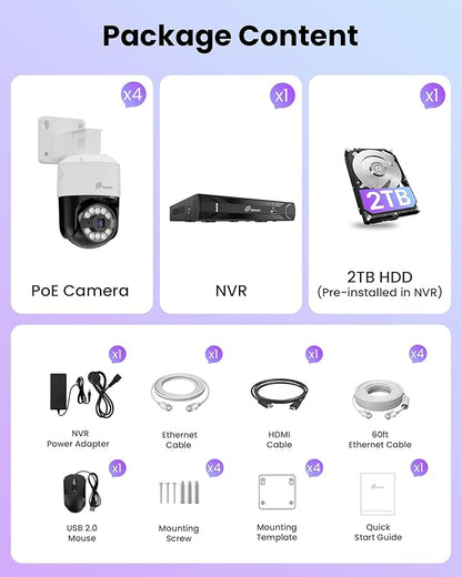 Loocam 5MP Home Security Camera System, 4pcs Pan & Tilt Wired PoE IP Cameras Set for Indoor Outdoor, AI Person/Pet/Vehicle Detection, Color Night Vision, 4K 8CH NVR 2TB HDD Included, Plug & Play