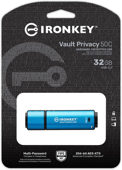 Kingston Ironkey Vault Privacy 50 USB-C 32GB Flash Drive | FIPS 197 Certified | XTS-AES 256-bit | BadUSB and Brute Force Protection | Mult-Password Option | IKVP50C/32GB