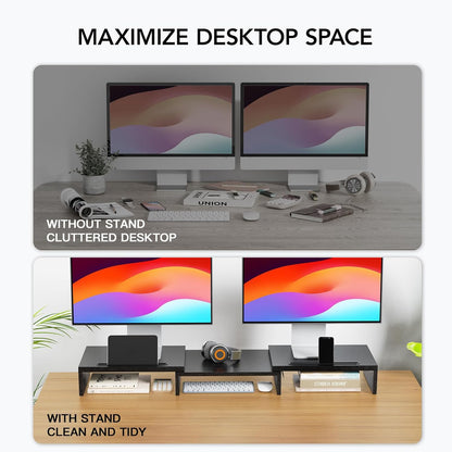 HUANUO Dual Monitor Stand Riser, Adjustable Monitor Stand for Desk with 2 Slot, Desktop Organizer Stand for 2 Monitors, Multi-Purpose Desk Shelf Monitor Stand Riser for Computer, Laptop, PC, Black