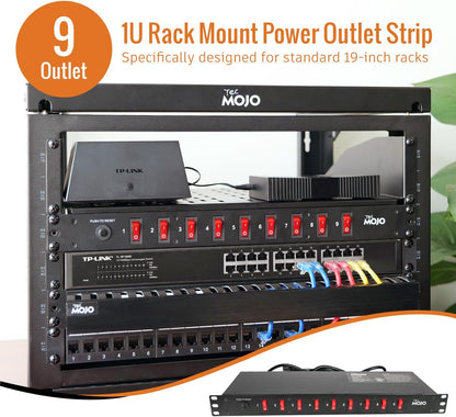 Tecmojo 9-Outlet Rack Mount Overloading Protection Circuit Breaker PDU Power Strip with Individual Switch 6ft Cord for IT and Network Racks and Cabinets