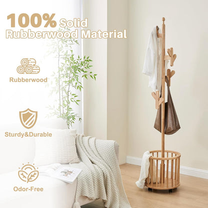 Uniclinens Solid Wood Coat Rack Freestanding with Umbrella Holder, Tree Coat Rack Stand with Lockable Universal Casters & 12 Hooks for Entryway Bedroom, Natural