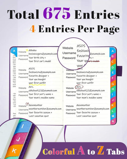 Password Keeper Book with Colorful Alphabetical Tabs, Hardcover Password Log-book for Internet Password and Website Address, 4.1'' x 6.2'' Password Notebook for Home Office (Royal Purple, Small (4.1 x 6.2 Inch))