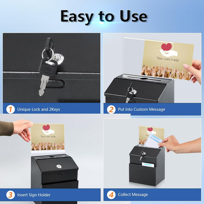 KYODOLED Suggestion and Ballot Box with Lock and Slot, Metal Wall Mounted Donation Key Drop Box with Clear Acrylic Sign Holder and 50 Free Suggestion Cards & 2 Keys, 8.5H x 5.9W x 7.3L Inch, Black