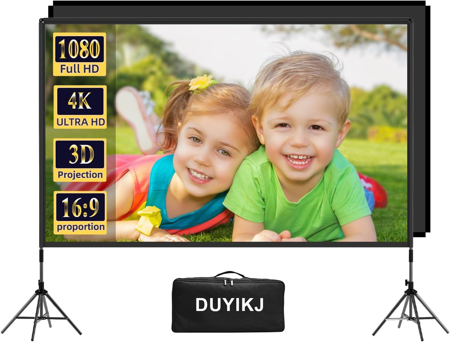 Projector Screen and Stand 120 inch,DUYIKJ Portable Black Backing Projector Screen Indoor Outdoor 16:9 4K HD Wrinkle-Free and Four-Legged Frame Movie Screen with Carry Bag for Backyard Movie Night