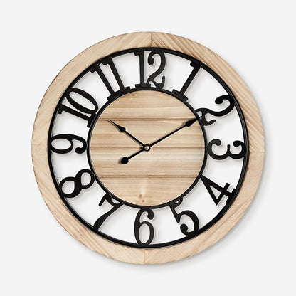 Maxstar 24'' Wall Clock for Living Room Decor, Ultra-Silent Rustic Wooden Farmhouse Wall Clock with Metal & Real Wood Frame, Battery Operated, for Kitchen Bedroom Office, Arabic Numerals