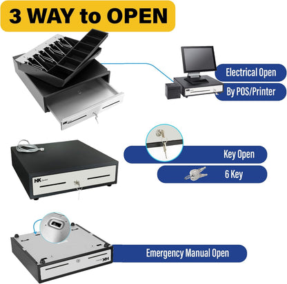 HK SYSTEMS 13inch "Stainless Steel" Front Heavy Duty Black POS Interface Cash Drawer with 4Bill/5Coin