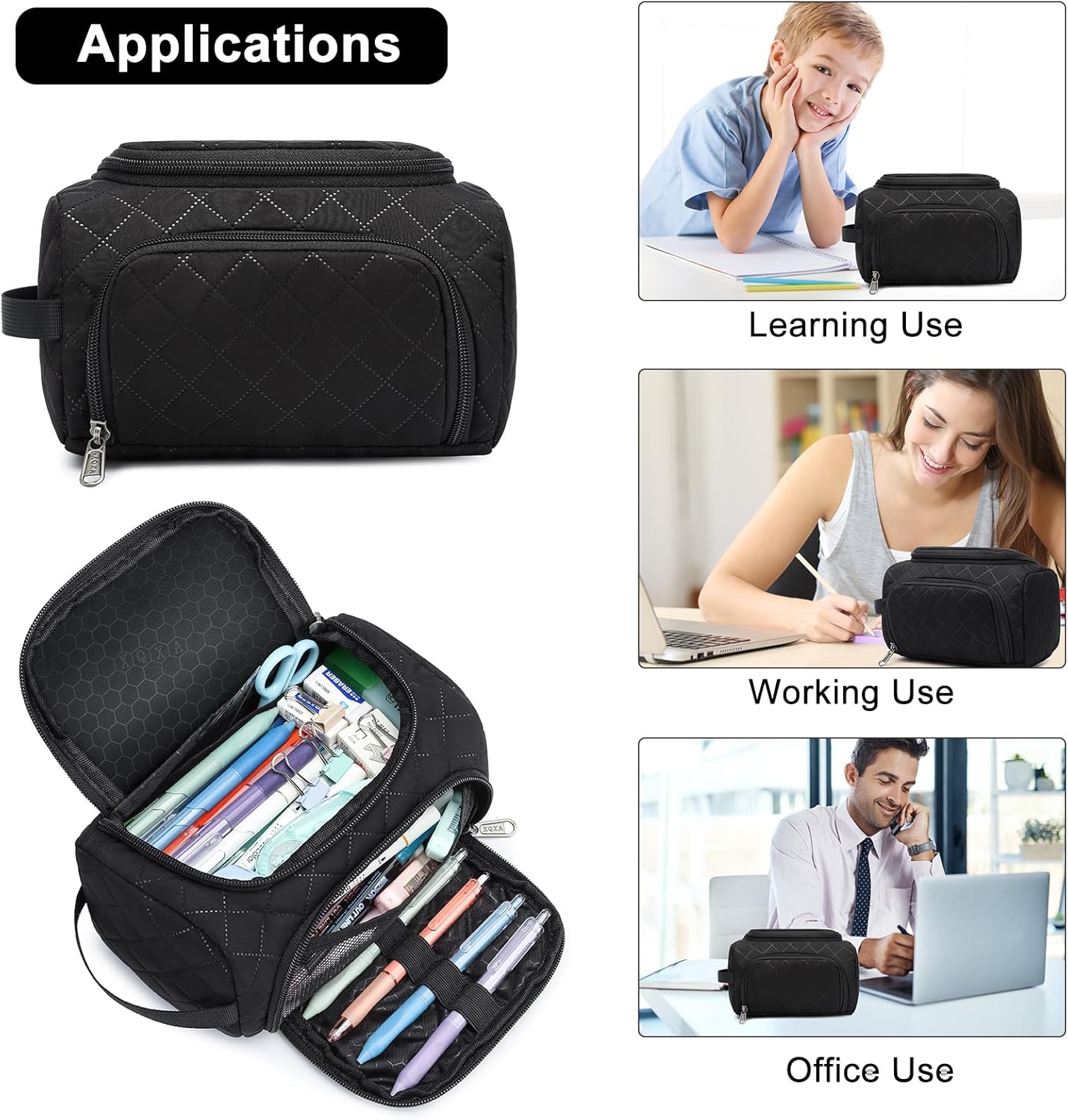 XQXA Extra Large Capacity Pencil Case Organizer, Multifunctional Pencil Pouch with Compartmens, Travel Simple Stationery Bag, Nylon Pencil Bag for Adults (Black Quilted)