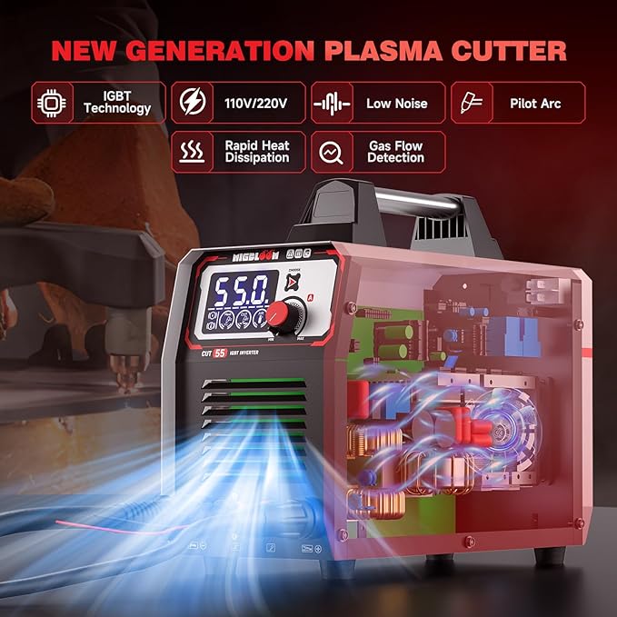 Plasma Cutter 55Amp Non Touch Pilot Arc Non-High Frequency,Non-Touch Dual Voltage 110V/220V Plasma Cutting Machine with LCD Screen IGBT Inverter 3/4'' Max Cut, Post Flow Mesh Cut 2T/4T