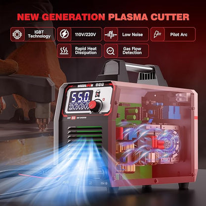 Plasma Cutter 55Amp Non Touch Pilot Arc Non-High Frequency,Non-Touch Dual Voltage 110V/220V Plasma Cutting Machine with LCD Screen IGBT Inverter 3/4'' Max Cut, Post Flow Mesh Cut 2T/4T