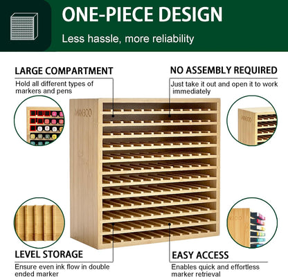MinBoo Marker Organizer for 144 Markers, Bamboo Art Supply Storage Organizer Rack, Art Markers Pens Colored Pencils Paint Brushes Stationary Organizer Holder for Home Classroom Office Desk Decor