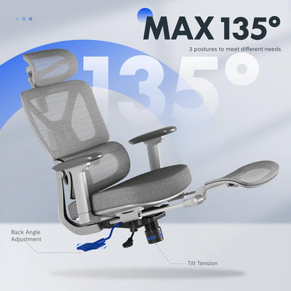 FLEXISPOT ErgoX Premium Ergonomic Office Chair with Footrest- Adjustable 3D Armrests, Dynamic Lumbar Support, Recline & Tilt Function, Mesh Seat, for Home & Office Use,Foam Grey