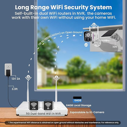 xmartO Solar Security Cameras Wireless Outdoor, WiFi6 NVR with 64GB Micro SD Card, 4 PCs 4MP QHD Home Security Camera System with 10CH Expandable NVR, 120 Days Local Storage, All-Weather Solar Charge