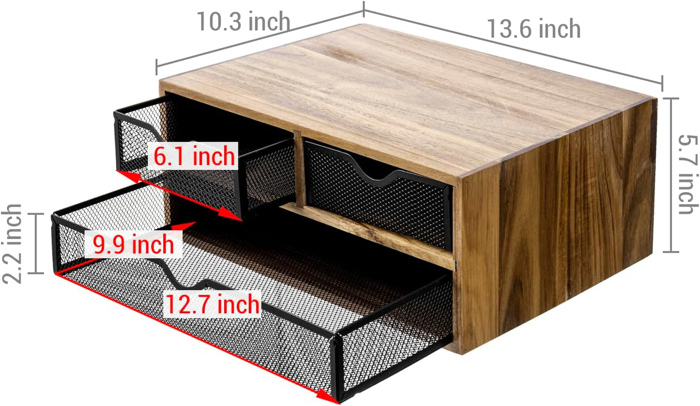 MyGift Premium Acacia Solid Wood Desktop Organizer Box with 3 Removable Black Metal Mesh Trays, Rustic Office Desk Supplies Storage Drawers for Accessories