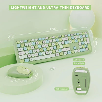 Wireless Keyboard and Mouse Combo, Colorful Ergonomic Full Size Retro Low-Noise Keyboard with Cute keycaps, Compatible with Windows, PC, Perfer for Home and Office Keyboards (Green)