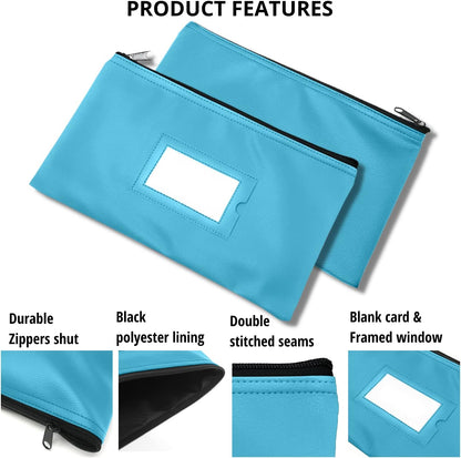 Money Bank Deposit Bag with Zipper | 11x6 inch | Light Blue | Durable Leatherette Money Cash Coin Check Wallet Pouch for Men & Women with Framed ID Window and Blank Card | by GIDABRAND (3)