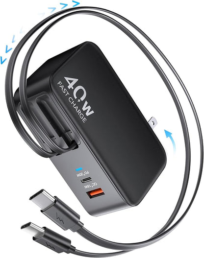 Retractable USB C Charger Wall Plug with Dual 35.5in/90cm Type C Cables Cords,40W Fast Charging Foldable Block Multi Charger for All Devices for iPhone 17/16/15/14/13/12,iPad,Galaxy,Pixel