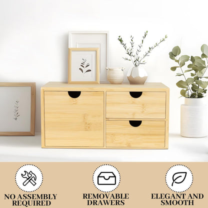 Bamboo Desk Organizer, Desktop Organizer with 3 Drawer, Tabletop Storage Organization Box for Bills, Countertop, Home Office Supplies