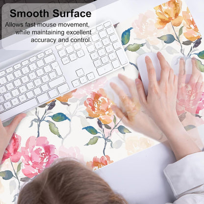 QIYI Floral Mouse Pad, Watercolor Flowers Desk Mat for Desktop, Women Girls Office Décor Accessories, PU Leather Waterproof Gaming Mousepad, Pink Yellow Peonies Desk Pad Computer Mat, 31.5" x 11.8"