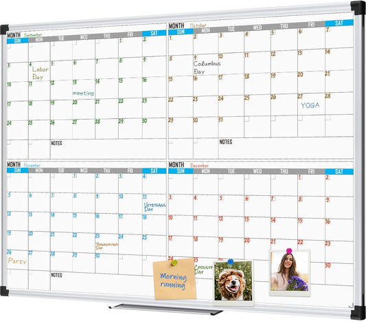 XBoard Magnetic Calendar Whiteboard 48" x 36" - 4 Month Colorful Calendar Dry Erase Board for Monthly Planning, Silver Aluminium Framed