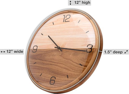 Driini Analog Dome Glass Wall Clock (12") - Pine Wood Frame with Two-Tone Wooden Face - Battery Operated with Silent Movement - Large Decorative Clocks for Classroom, Office, Living Room, or Bedrooms.