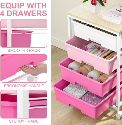 Utility-Rolling-Craft-Storage-Cart-Organizer with 4 Drawers and Wooden Tabletop, 4 Tier Drawer Cart for Home Office, Kid Room, Classroom Teacher, Dorm, Pink