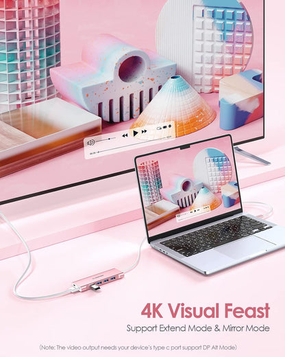 LENTION 3.3FT Long Cable USB C Multiport Hub with 4K HDMI, 4 USB 3.0, Type C Charging Compatible 2023-2016 MacBook Pro, New Mac Air/iMac/Mac Mini, More, Stable Driver Adapter (C35-1M, Rose Gold)