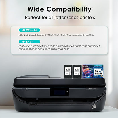 EcoVictor Remanufactured 62XL Ink Cartridges (2 Black) Compatible for HP Ink 62 62XL HP62 for Envy 5540 5542 5545 5640 5642 5660 5665 7640 7645 OfficeJet 5740 5742 5745 8000 8040 200 250 Printer 62 XL
