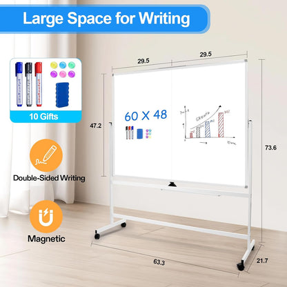 60 x 48 Double Sided Rolling Whiteboard, Large Rolling White Board - Magnetic Rolling Dry Erase Board Easel Standing Board on Wheels with Aluminium Frame for Office, Home & Classroom