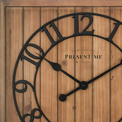 Presentime & Co 21" Farmhouse Square Shiplap Barn Door Wood Clock - Fir, Arabic Numeral. Home Decoration/Wall Decoration/Farmhouse Décor for Living Room, Dining Room, and Entryway.