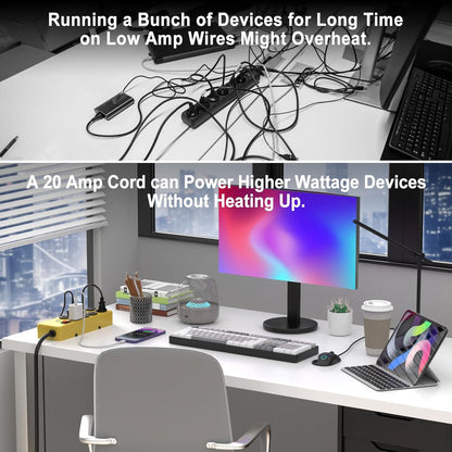 HEZI 20A Power Strip Surge Protector Durable Metal 8-Outlet with Heavy Duty 20 Amp Extension Cord,12 Gauge for Garage,Workshop & Industrial Use with 6-20R T-Slot Outlets,4800J(Yellow,6FT)