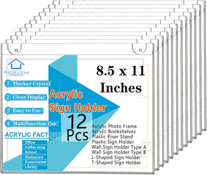 PecMuikee Acrylic Sign Holder 8.5x11 Horizontal, Wall Mount Acrylic Sign Holder and Plastic Paper Display Ad Frame bonus with 3M Tape and Mounting Screws for Restaurants, Office, Store, 12 Pcs