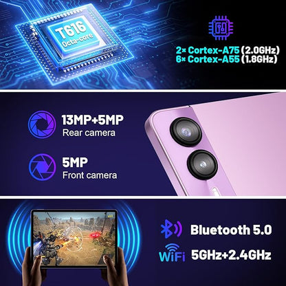 Android 14 Tablet 11 Inch, 18GB RAM 128GB ROM 1TB Expand, Octa-Core 2.0GHz CPU,5G WiFi, 2K Display, 13MP+5MP+5MP Camera, 9000mAh Battery, Electronic Tablets with Keyboard Case Stylus(Purple)
