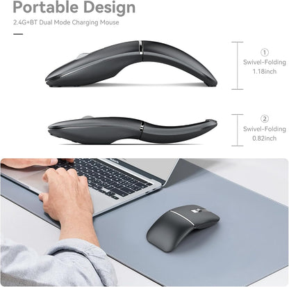 Bluetooth Wireless Arc Travel Mouse, Dual Model (2.4G+BT5.1) Rotating Foldable Mouse for Microsoft, Rechargeable Slim Portable Mice for Laptop, Notebook, PC, MacBook, Chromebook, Lenovo - Black