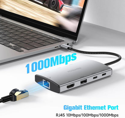 RSHTECH 9-in-1 USB C Hub Multiport Adapter with 4K HDMI, 10Gbps USB-3.2 Ports(2C + 1A), 3 USB-3.0 5Gbps Data Ports, 100W PD, Gigabit Ethernet, Aluminum USB-C Dongle for MacBook, Laptops and More