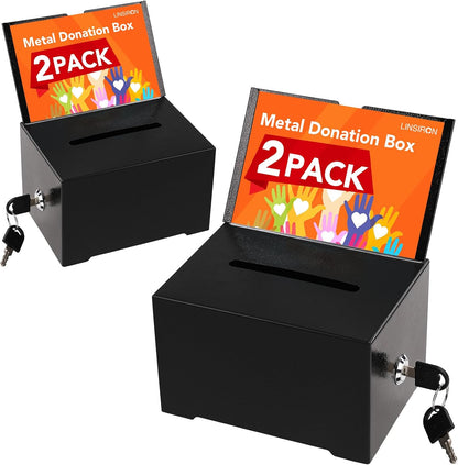 Tip Jar 2 PCS Suggestion Box with Slot and Lock Metal Donation Raffle Fundrais Cash Ballot Money Ticket Bartender Voting Prayer Comment Teacher Mailbox Booth Card Classroom Restaurant Black
