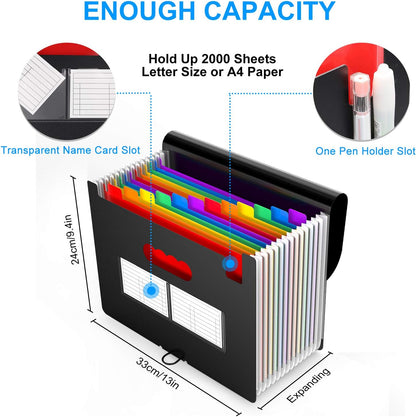 2 Pack Expanding File Folder with Blank Label, 12 Pocket Accordian File Organizer Document Storage Organizer, Desktop Accordion Folders File Keeper A4 Letter Size for Home School Office