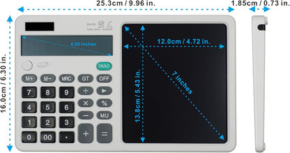 Desk Calculator Large Display with 7'' Erasable Writing Pad, 12 Digits Large Screen Display Jumbo Calculadora, Solar & Battery Powered Big Button Calculators for Business Office School, White