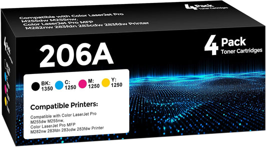 206A Toner Cartridge 4Pack Compatible with HP 206A 206X Toner Set for HP Color Laserjet Pro M255dw M255nw MFP M283fdw M283cdw M282nw M283fdn Ink（Black/Cyan/Yellow/Magenta