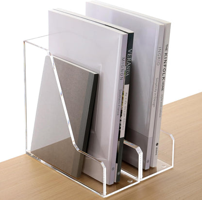 Acrylic Magazine Rack File Holder Desk Organizers and Storage 2-Pack Small Clear Acrylic Vertical Magazine Holder Book Stand for Office Desk