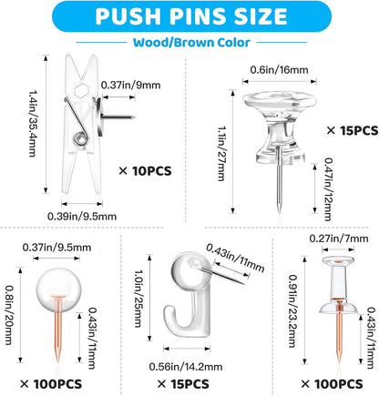 240Pcs Clear Thumb Tacks,5 Style Thumbtacks, Clear Plastic Push Pins for Cork Board, Bulletin Boards, Wall