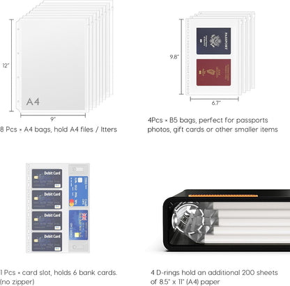 Important Document Organizer Zipper Binder,Fireproof Document Bag for Birth Certificate Protector, Waterproof Bill Organizer in Case I Go Missing Binder for Home Safe, 4 Ring Receipt Holder (Black)