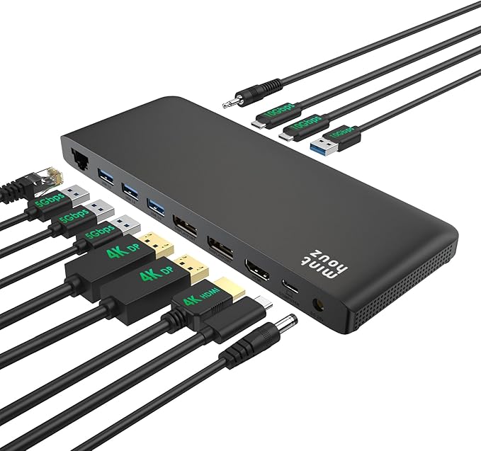 Minthouz 12-in-1 Docking Station with 100W Charging, Triple Display Dual 4K Support, 1000Mbps LAN Port, Laptop Docking Station, 4X USB-A (1x 10Gbps), 2X USB-C, Compatible with Windows, Mac, Chrome