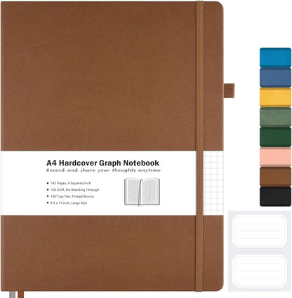 Graph Paper Notebook, Hardcover Notebook 8.5 x 11, Grid Notebook Journal for Women, Men, Large Leather Journals for Writing, Thick Paper, A4 Notebooks for Work, School Supplies, Engineering Brown