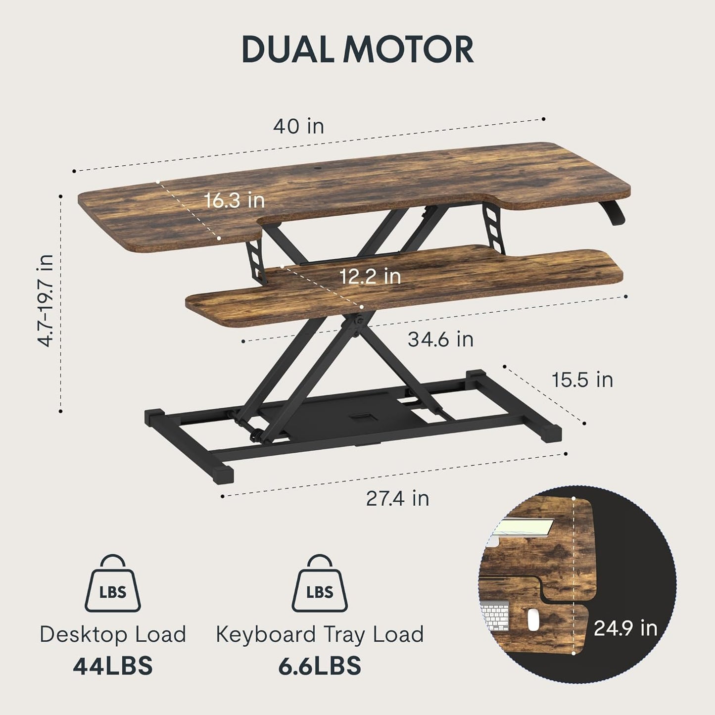 FLXISPOT 40in Standing Desk Converter, Height Adjustable Riser, Manual Lift with Gas Spring Monitor and Laptop Workstation, Rustic Color